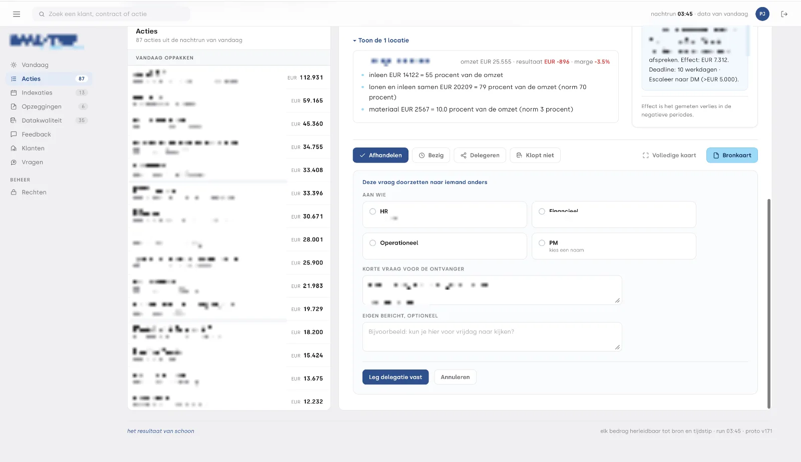 GuardPilot delegatiescherm, actie doorzetten naar HR, financieel of operationeel met context