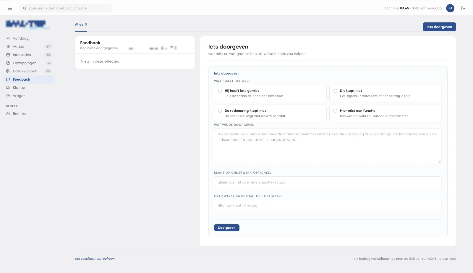 GuardPilot terugkoppelscherm met vier feedbackkeuzes